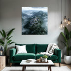 Castle on the mountain surrounded by forest and fog