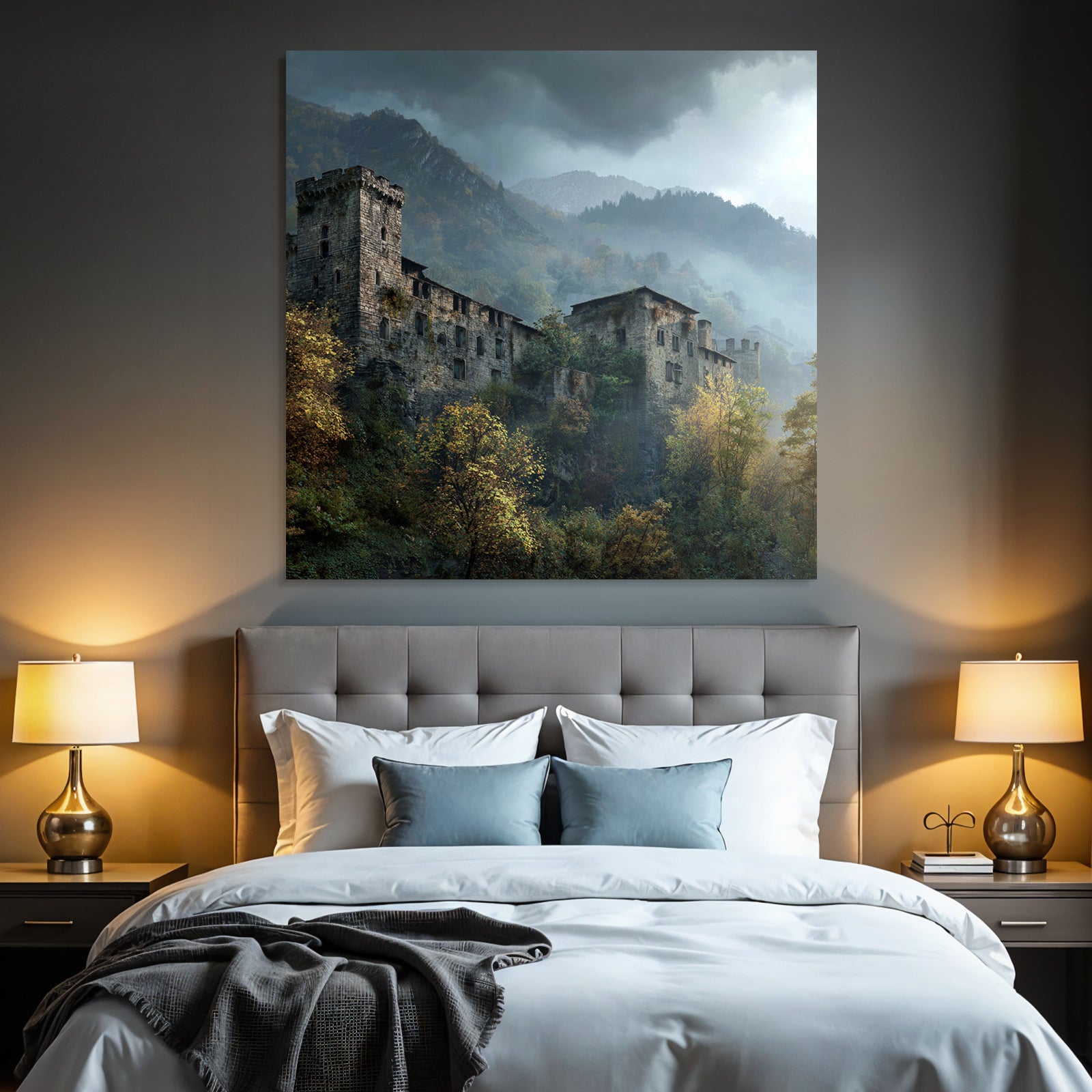 Castle in the mountains with fog and autumn leaves