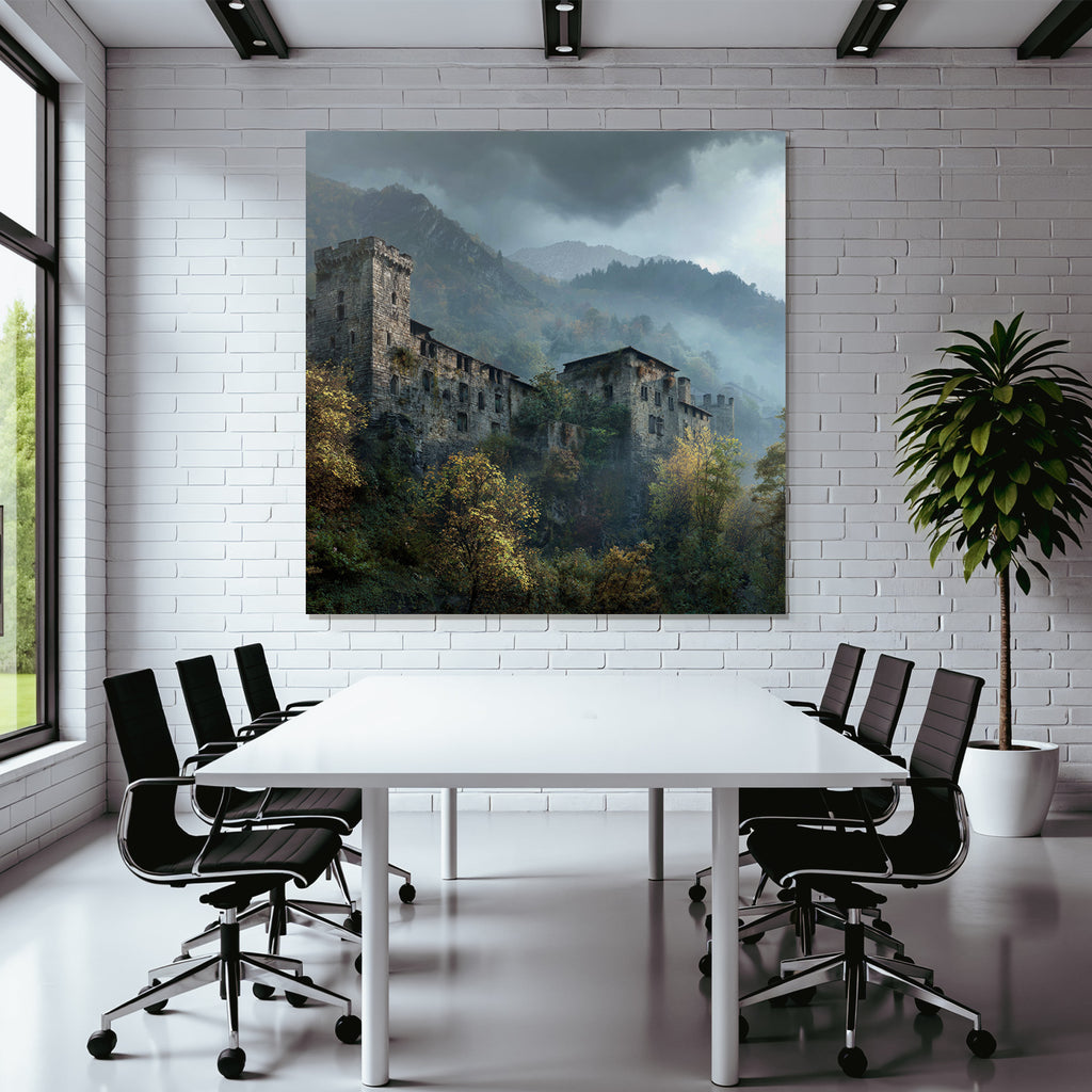 Castle in the mountains with fog and autumn leaves