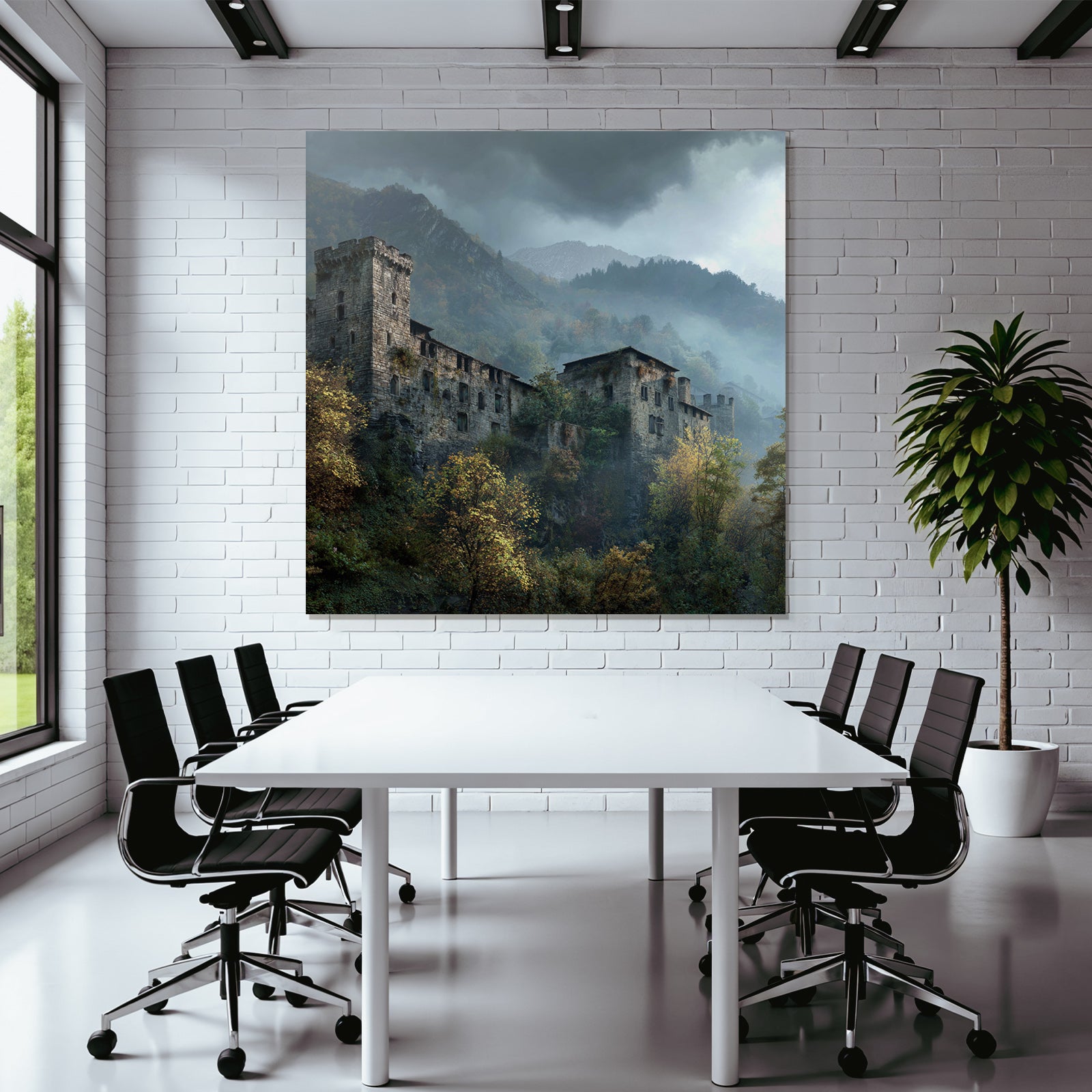 Castle in the mountains with fog and autumn leaves