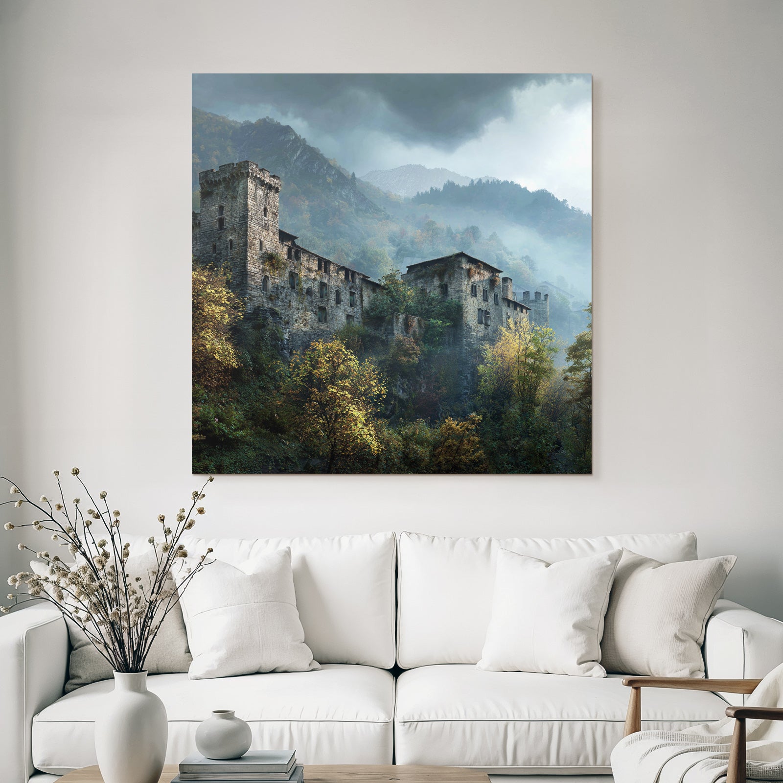 Castle in the mountains with fog and autumn leaves