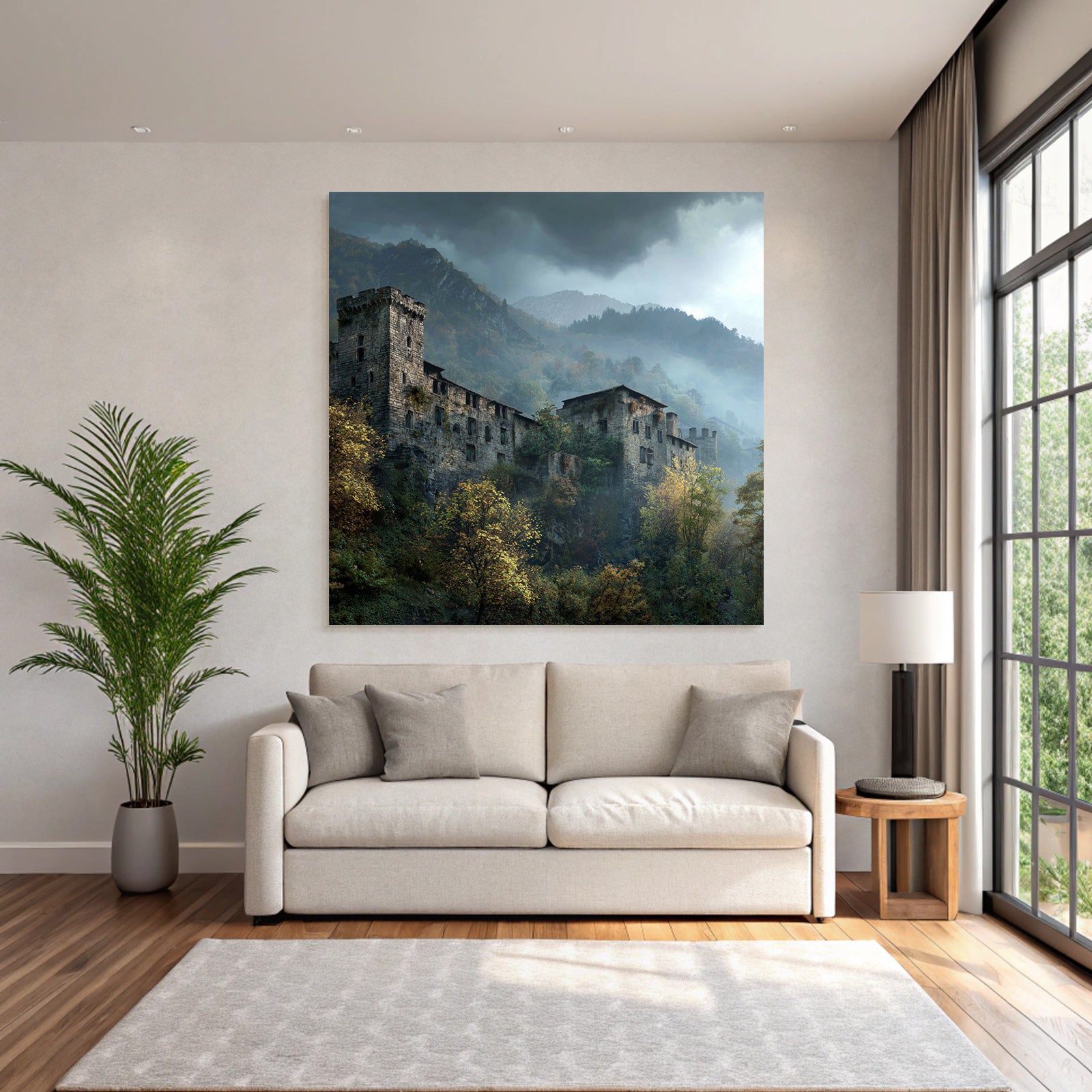 Castle in the mountains with fog and autumn leaves