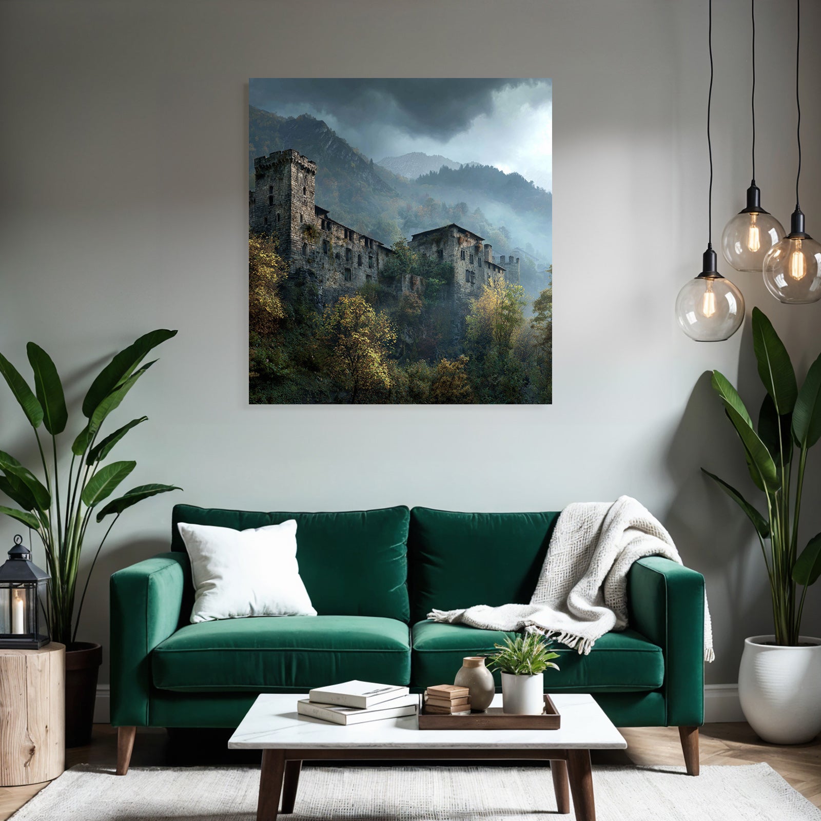Castle in the mountains with fog and autumn leaves