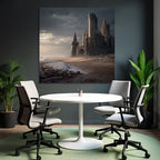 Dramatic coastal landscape with castle-like structure