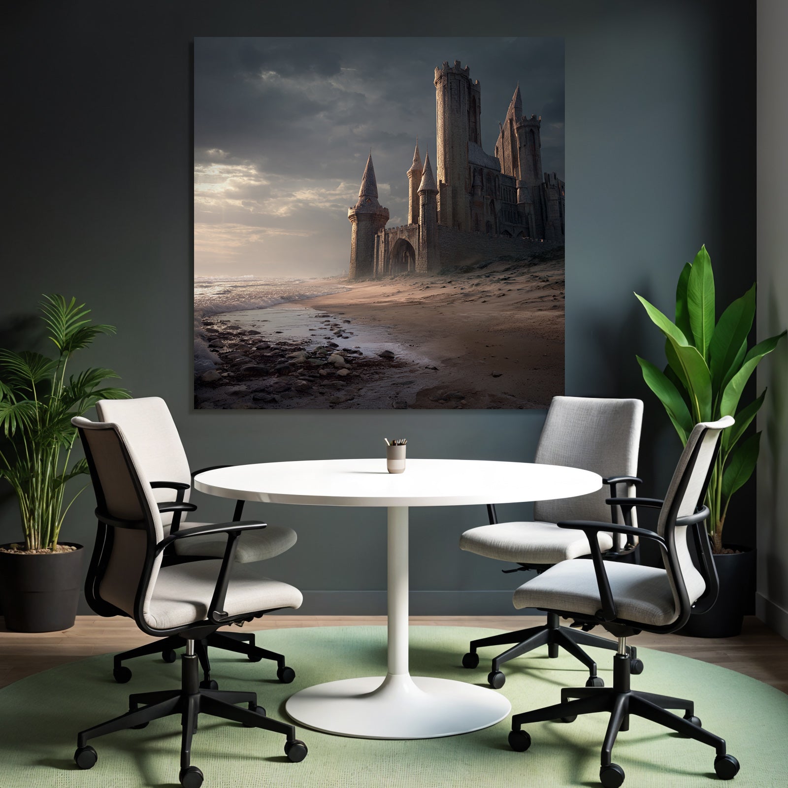 Dramatic coastal landscape with castle-like structure