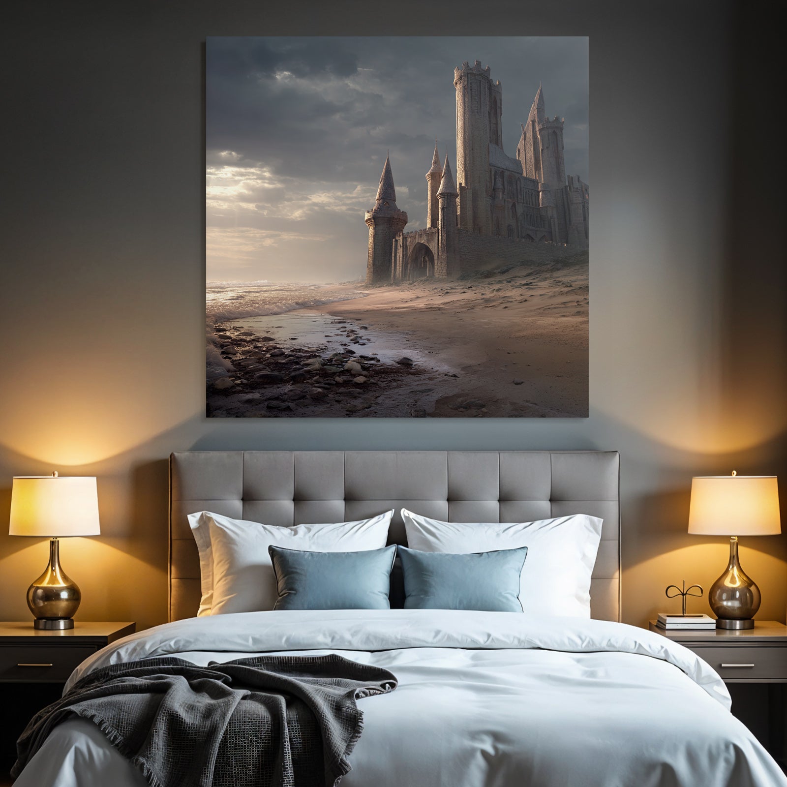 Dramatic coastal landscape with castle-like structure