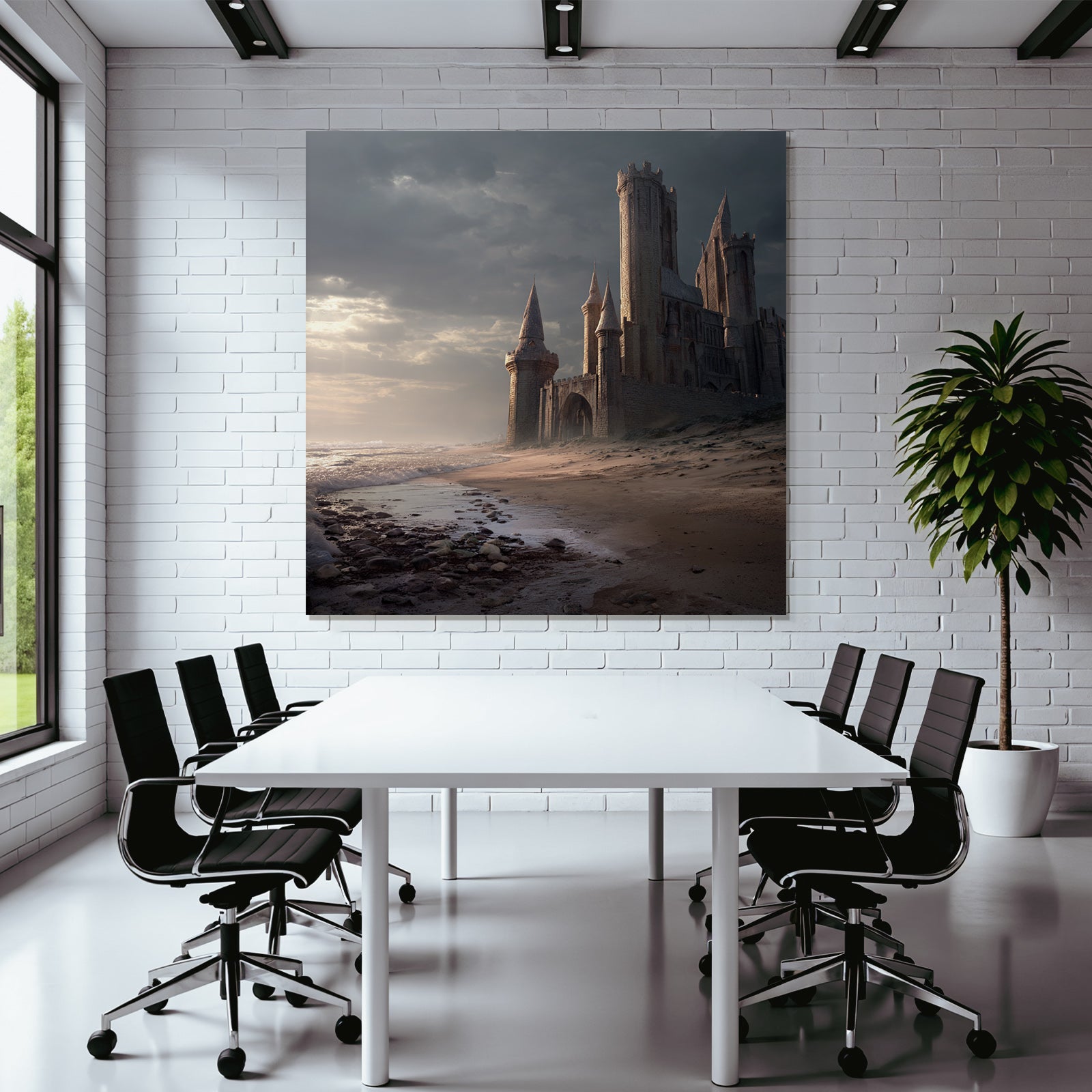 Dramatic coastal landscape with castle-like structure