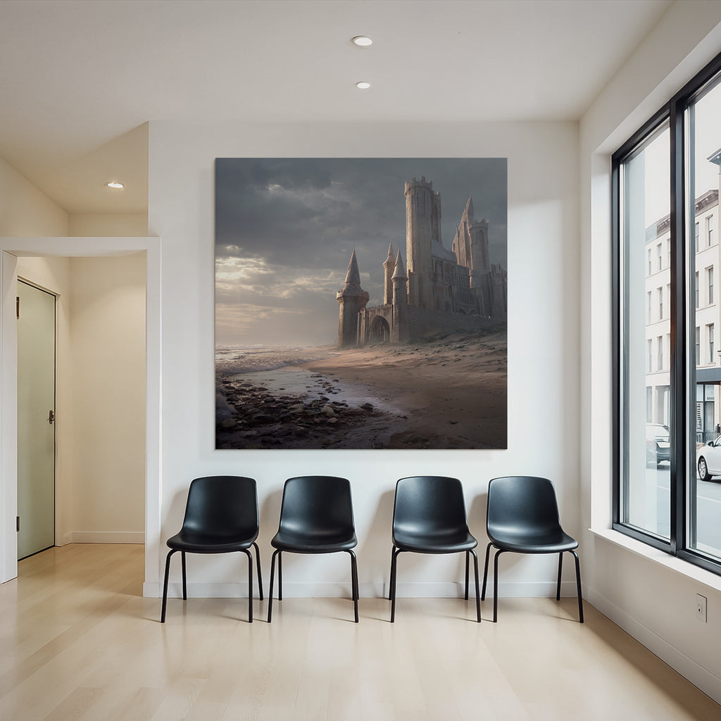 Dramatic coastal landscape with castle-like structure