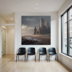 Dramatic coastal landscape with castle-like structure