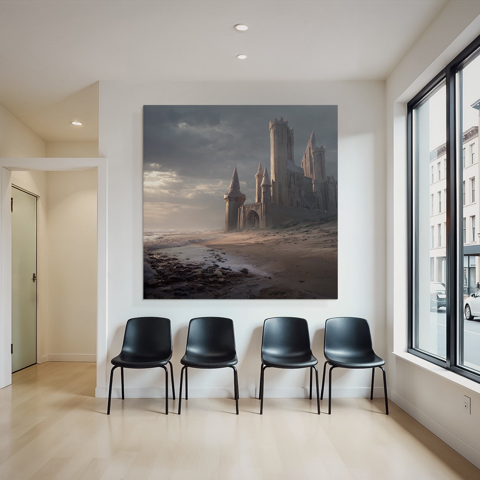 Dramatic coastal landscape with castle-like structure