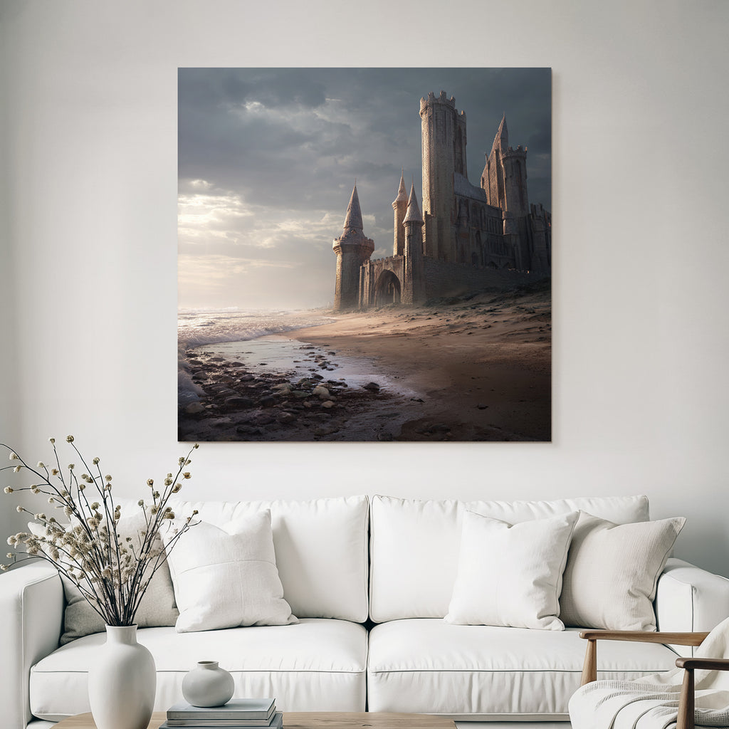 Dramatic coastal landscape with castle-like structure
