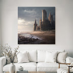 Dramatic coastal landscape with castle-like structure