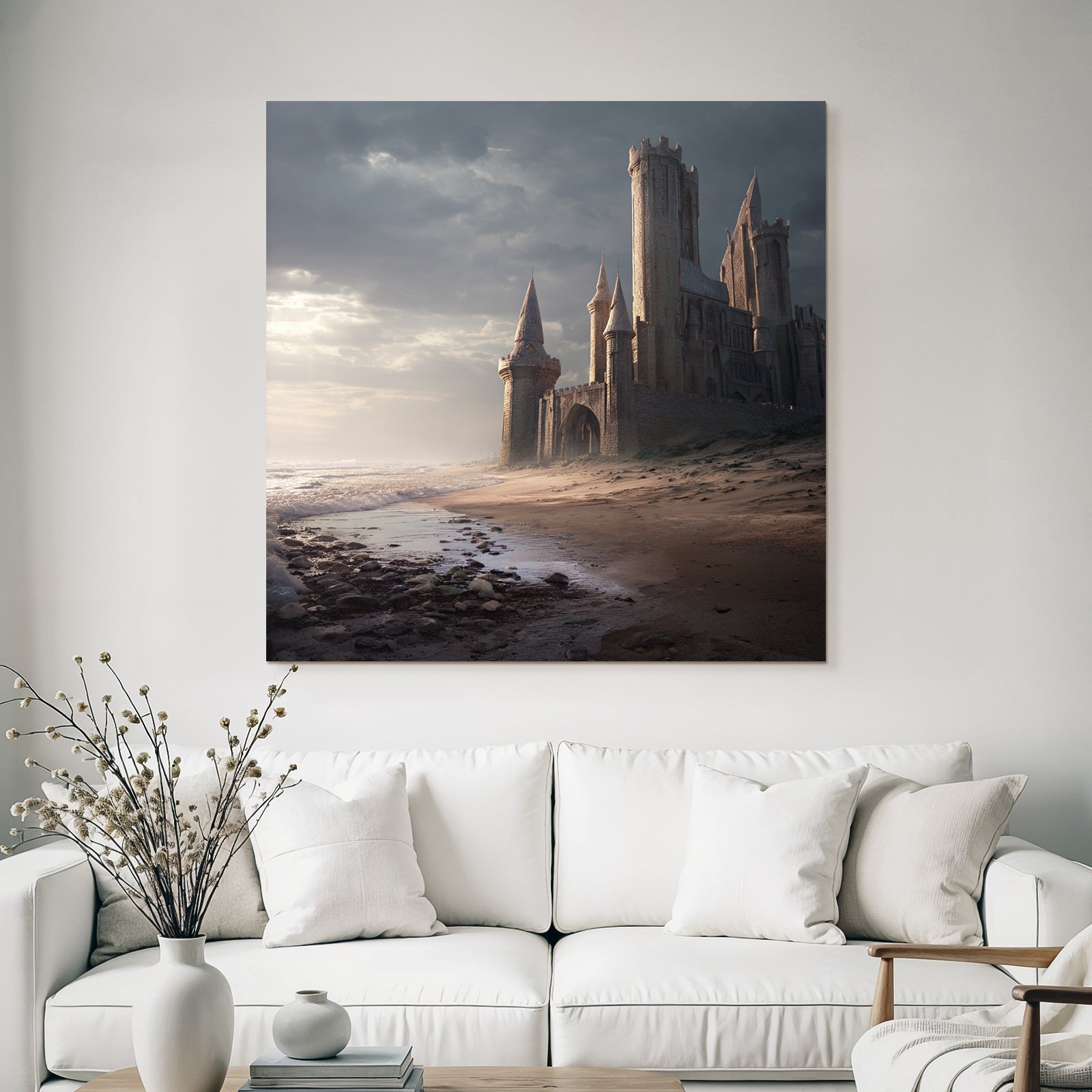 Dramatic coastal landscape with castle-like structure