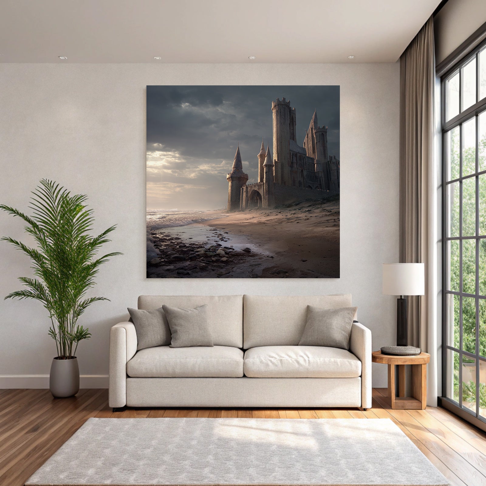 Dramatic coastal landscape with castle-like structure