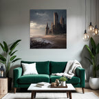 Dramatic coastal landscape with castle-like structure