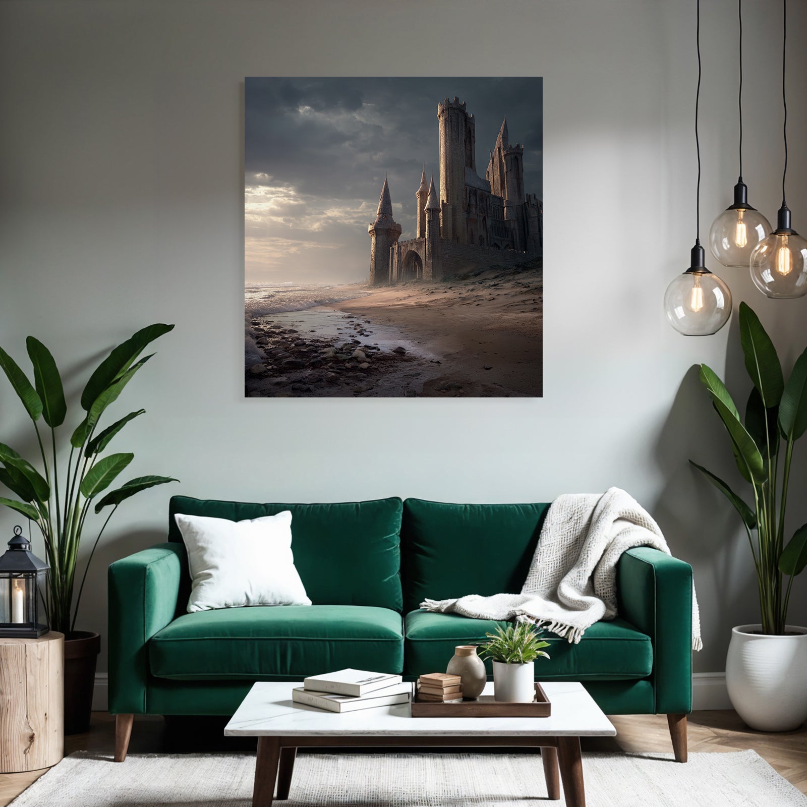 Dramatic coastal landscape with castle-like structure