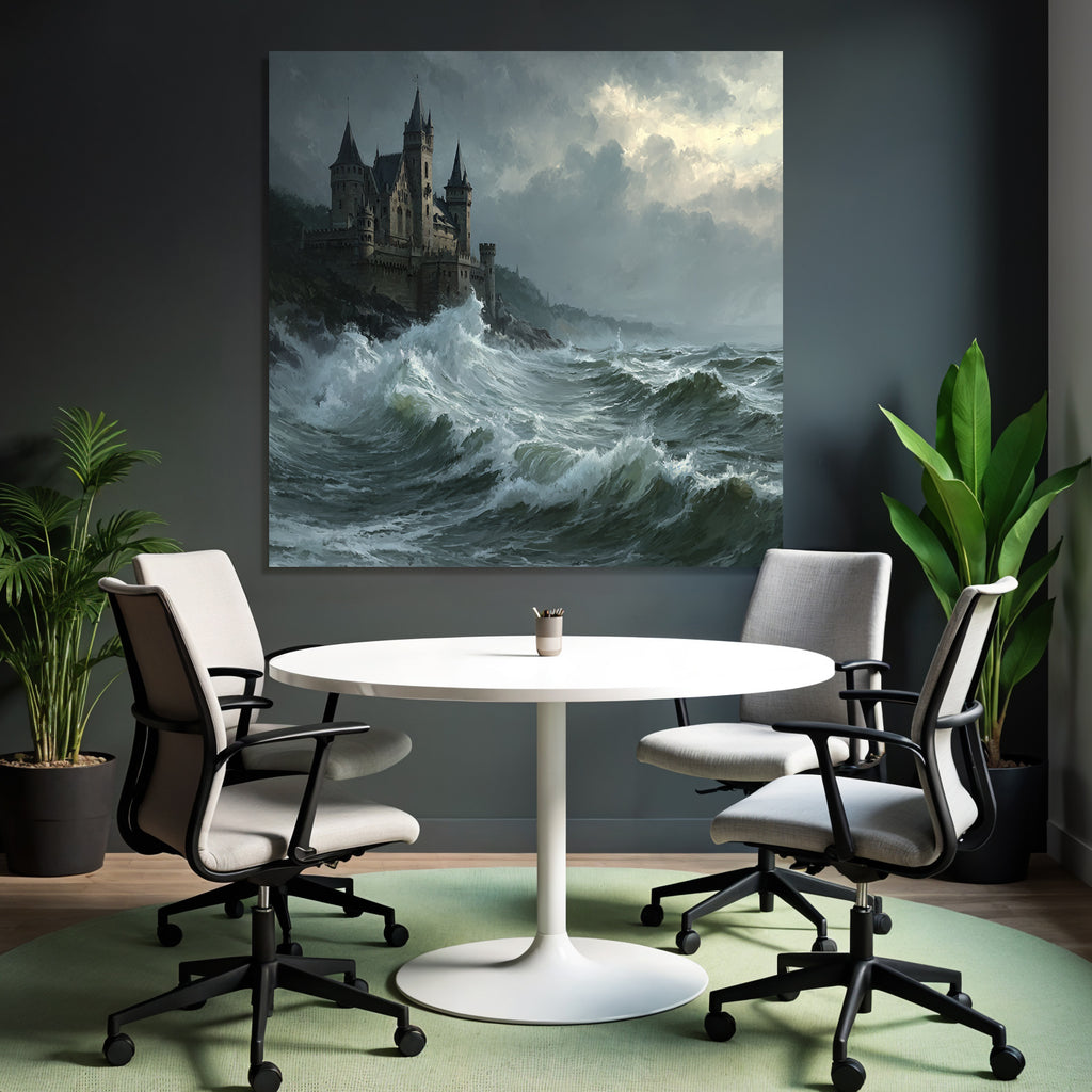 Dramatic Landscape With Castle And Turbulent Waves