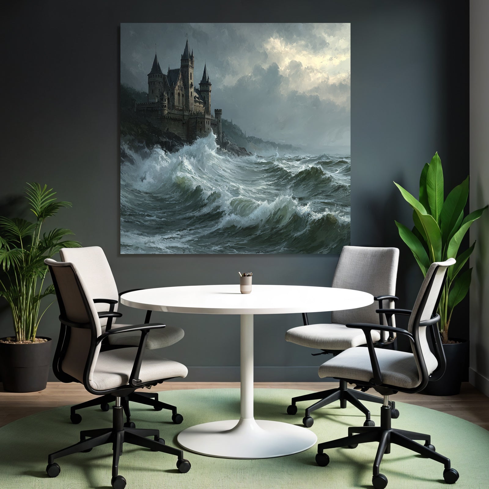 Dramatic Landscape With Castle And Turbulent Waves