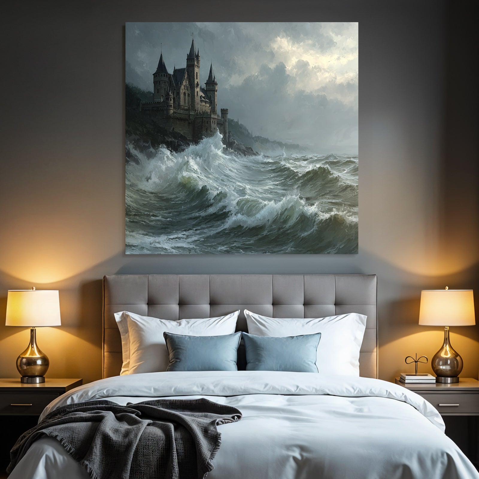 Dramatic Landscape With Castle And Turbulent Waves