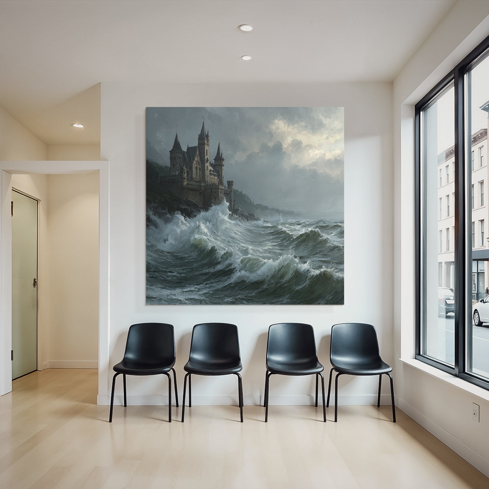 Dramatic Landscape With Castle And Turbulent Waves