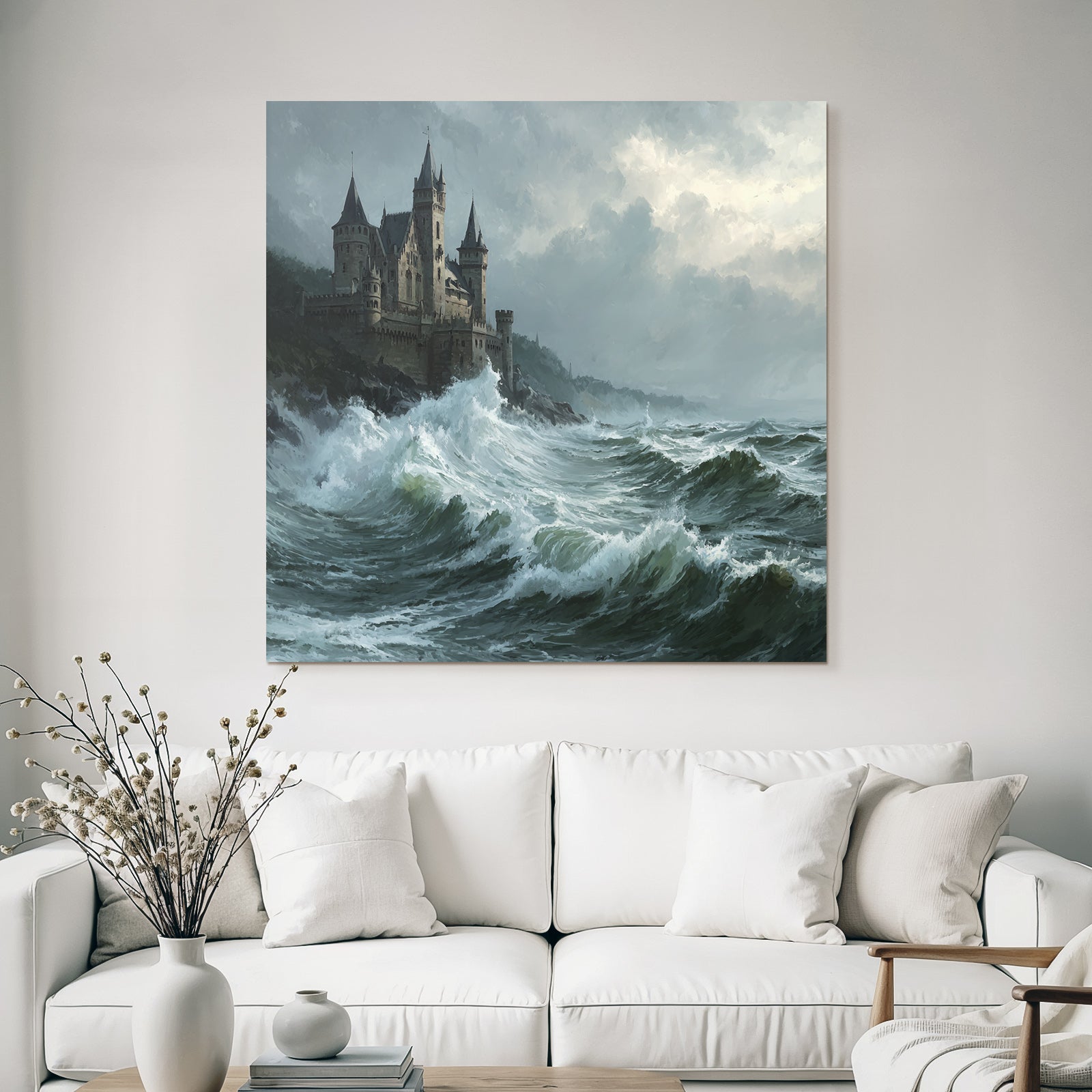 Dramatic Landscape With Castle And Turbulent Waves