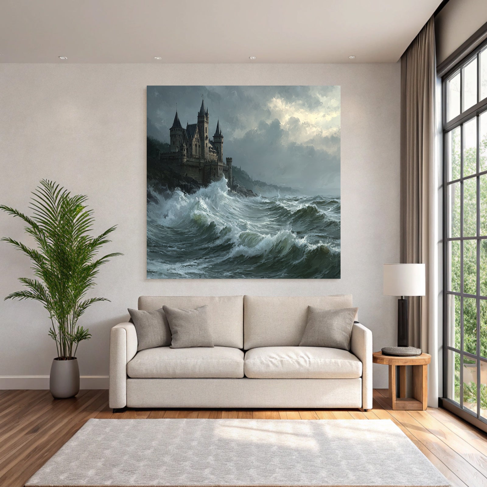 Dramatic Landscape With Castle And Turbulent Waves