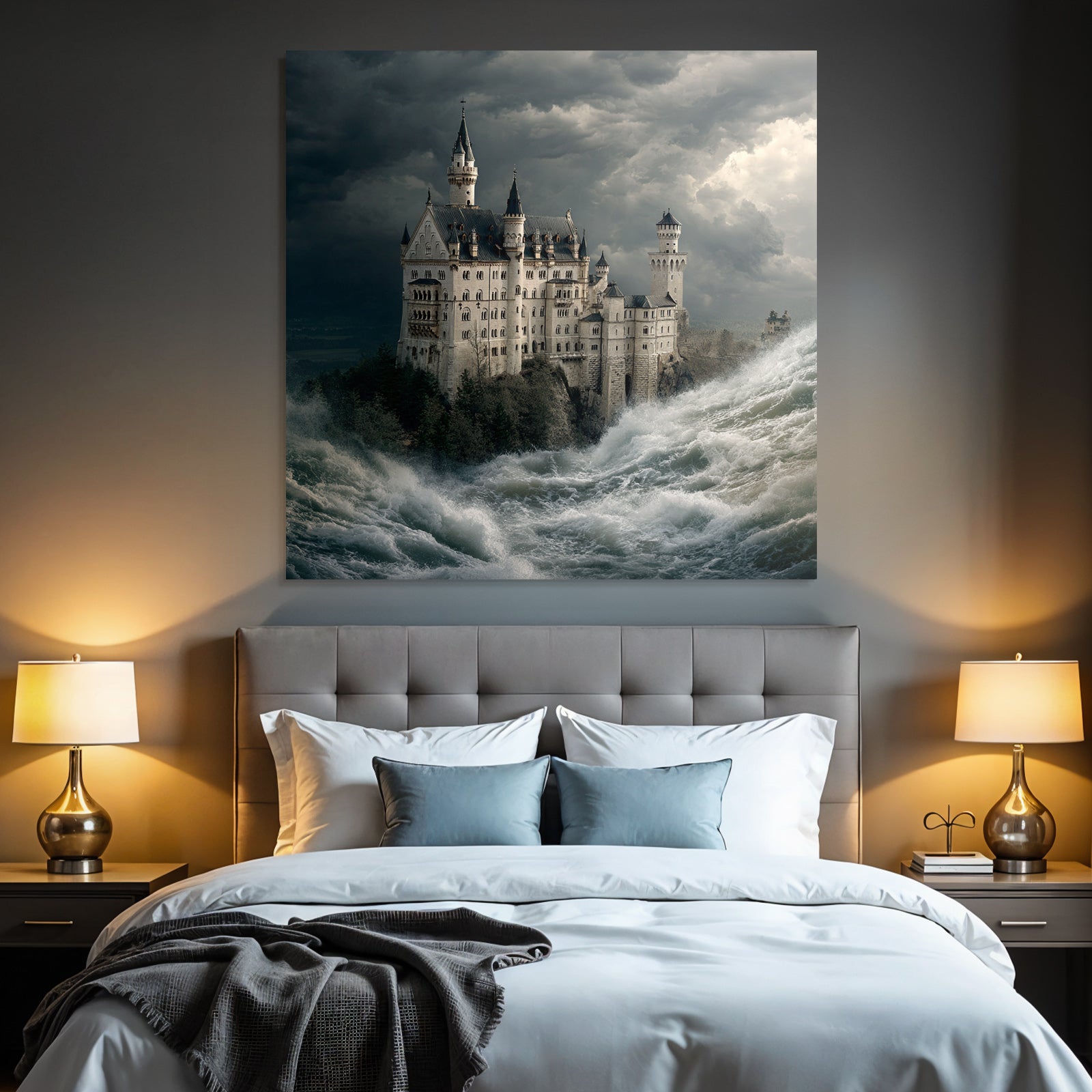Dramatic Castle Scenes Between Waves and Stormy Sky