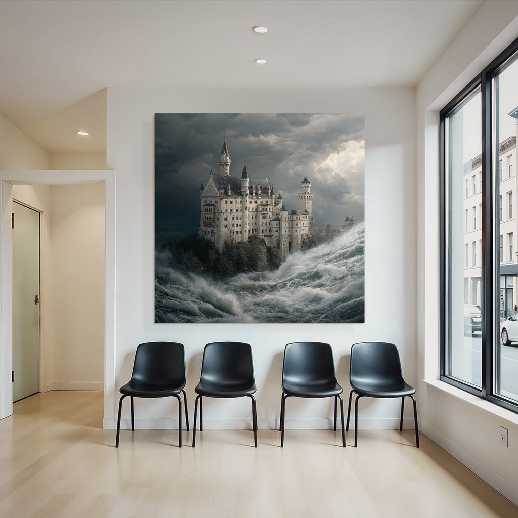 Dramatic Castle Scenes Between Waves and Stormy Sky