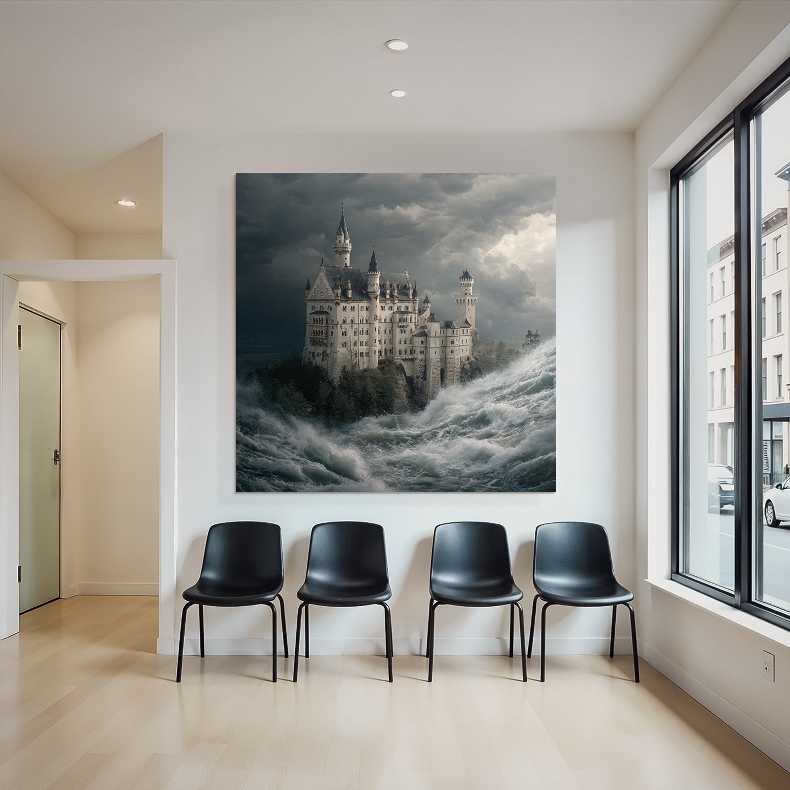 Dramatic Castle Scenes Between Waves and Stormy Sky