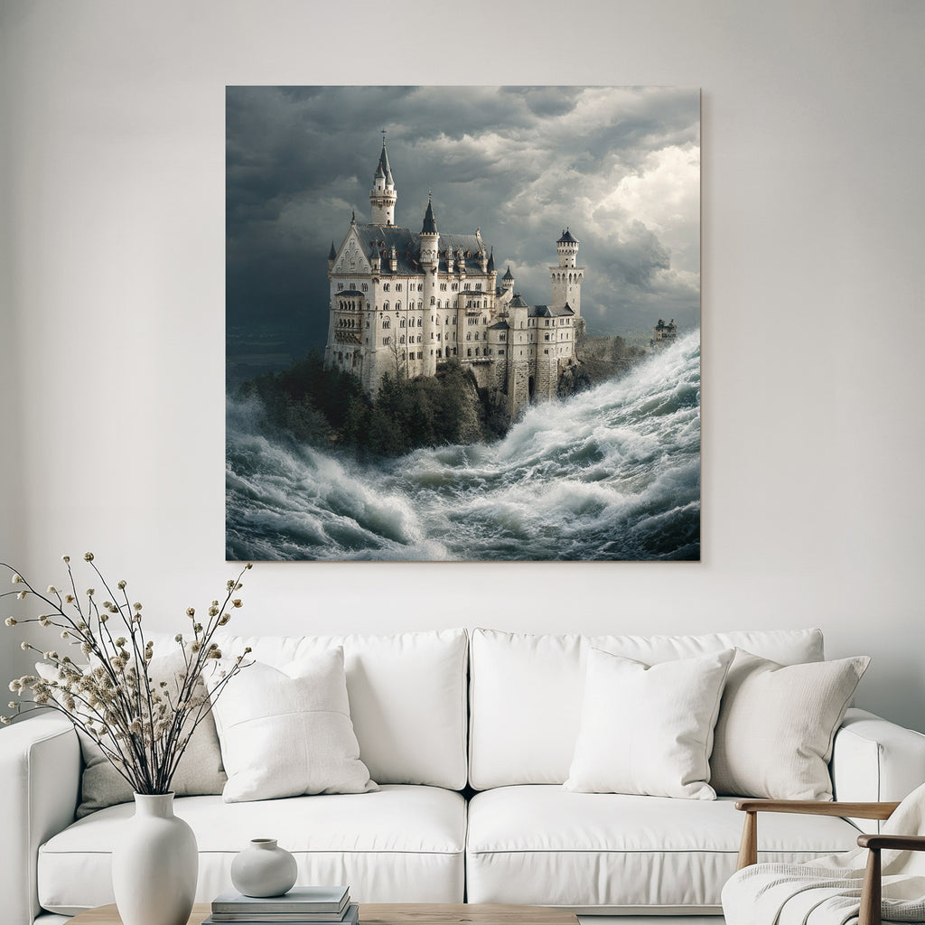 Dramatic Castle Scenes Between Waves and Stormy Sky