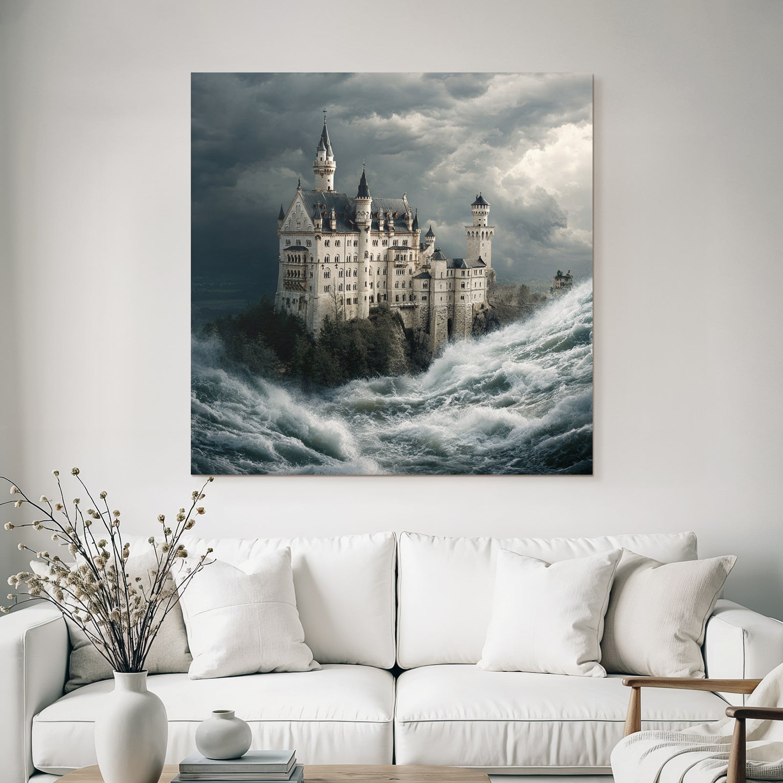 Dramatic Castle Scenes Between Waves and Stormy Sky