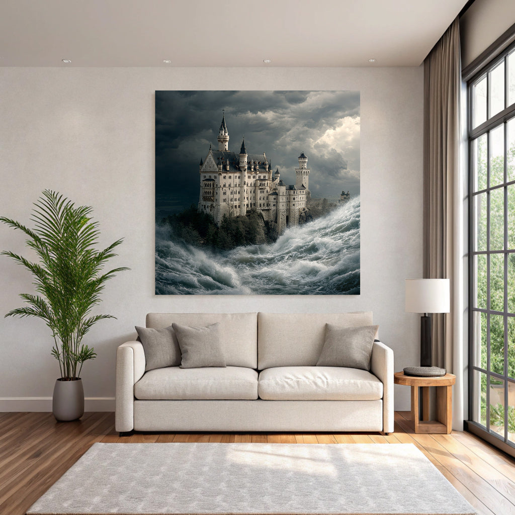 Dramatic Castle Scenes Between Waves and Stormy Sky
