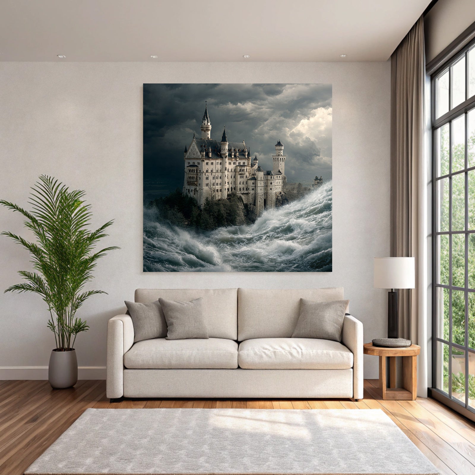 Dramatic Castle Scenes Between Waves and Stormy Sky