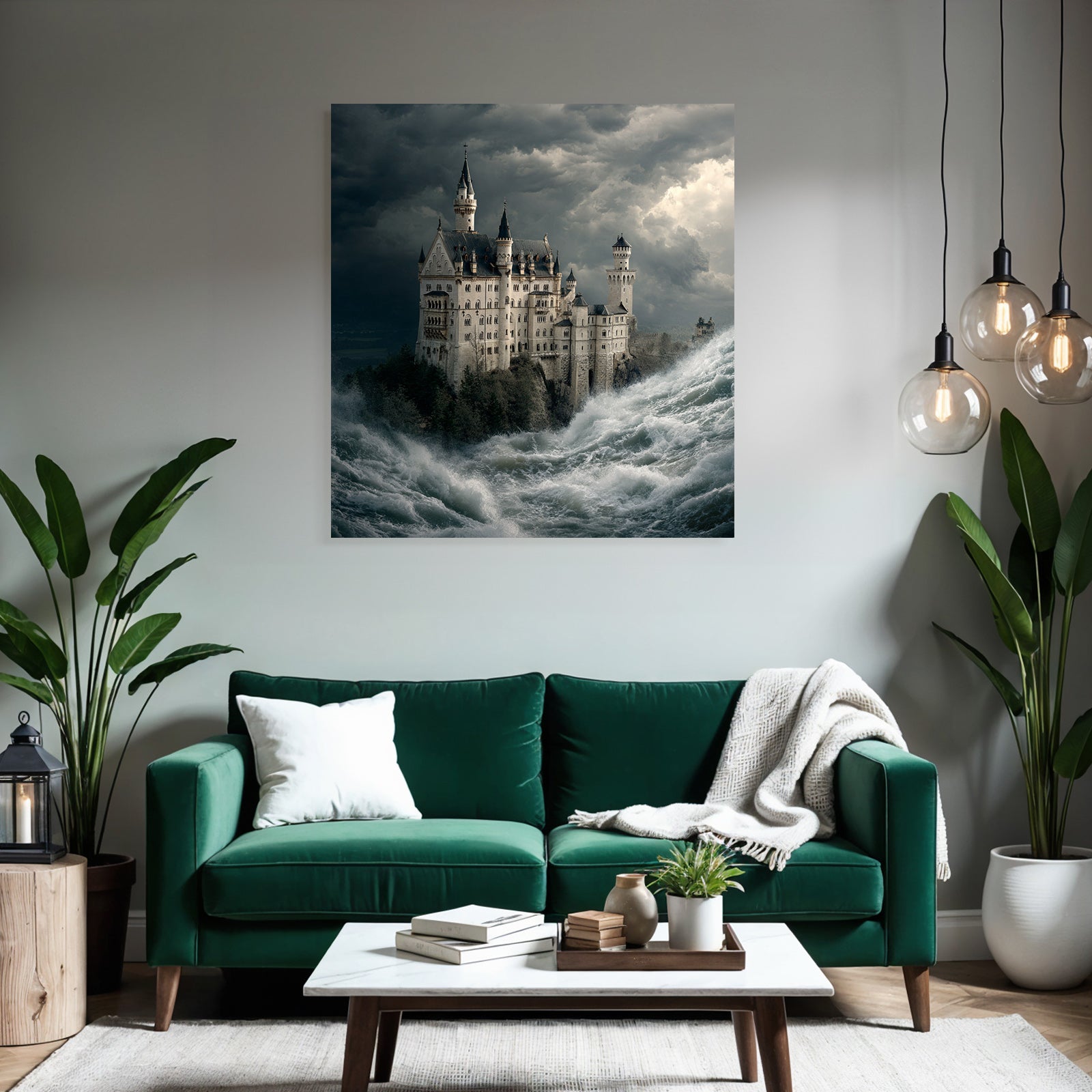 Dramatic Castle Scenes Between Waves and Stormy Sky
