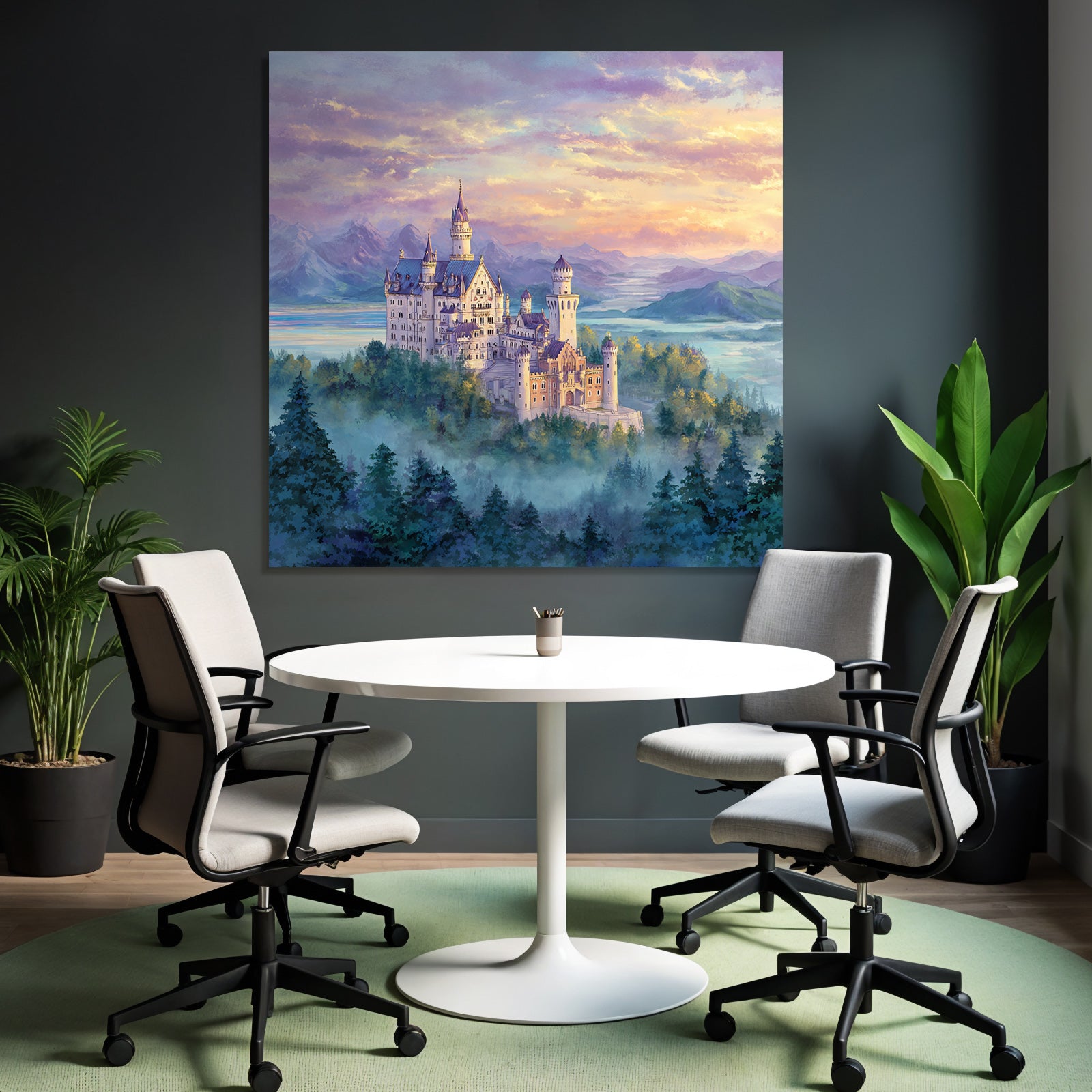 Fantasy castle with mountains and lake in the background