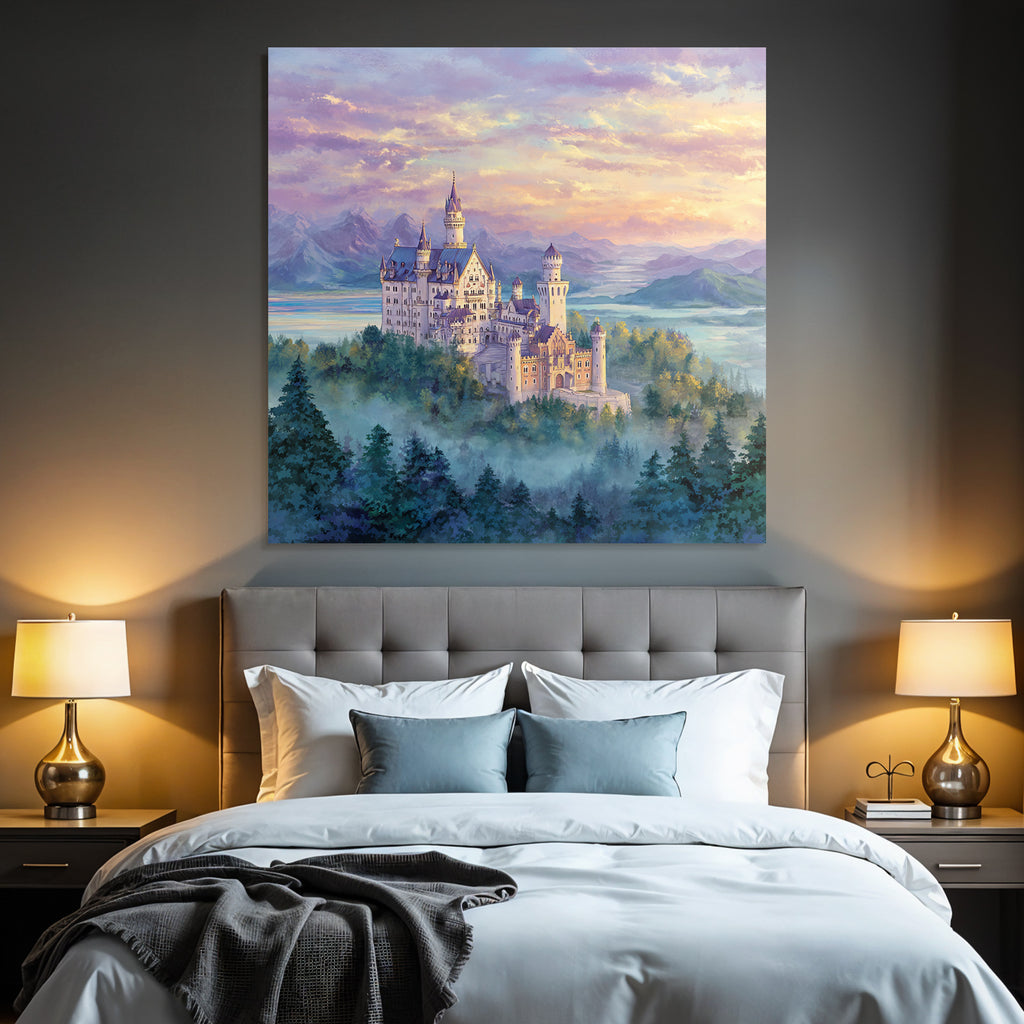 Fantasy castle with mountains and lake in the background