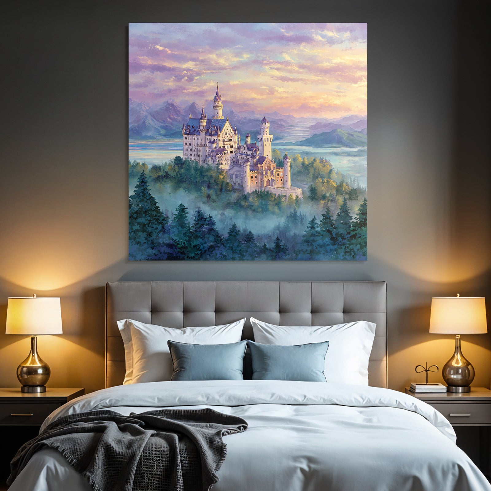 Fantasy castle with mountains and lake in the background