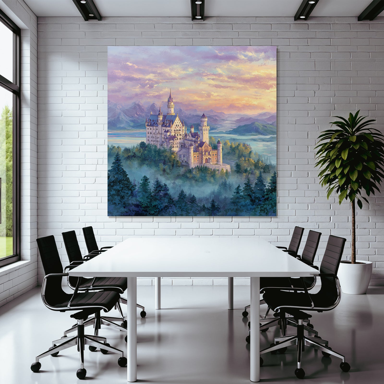 Fantasy castle with mountains and lake in the background