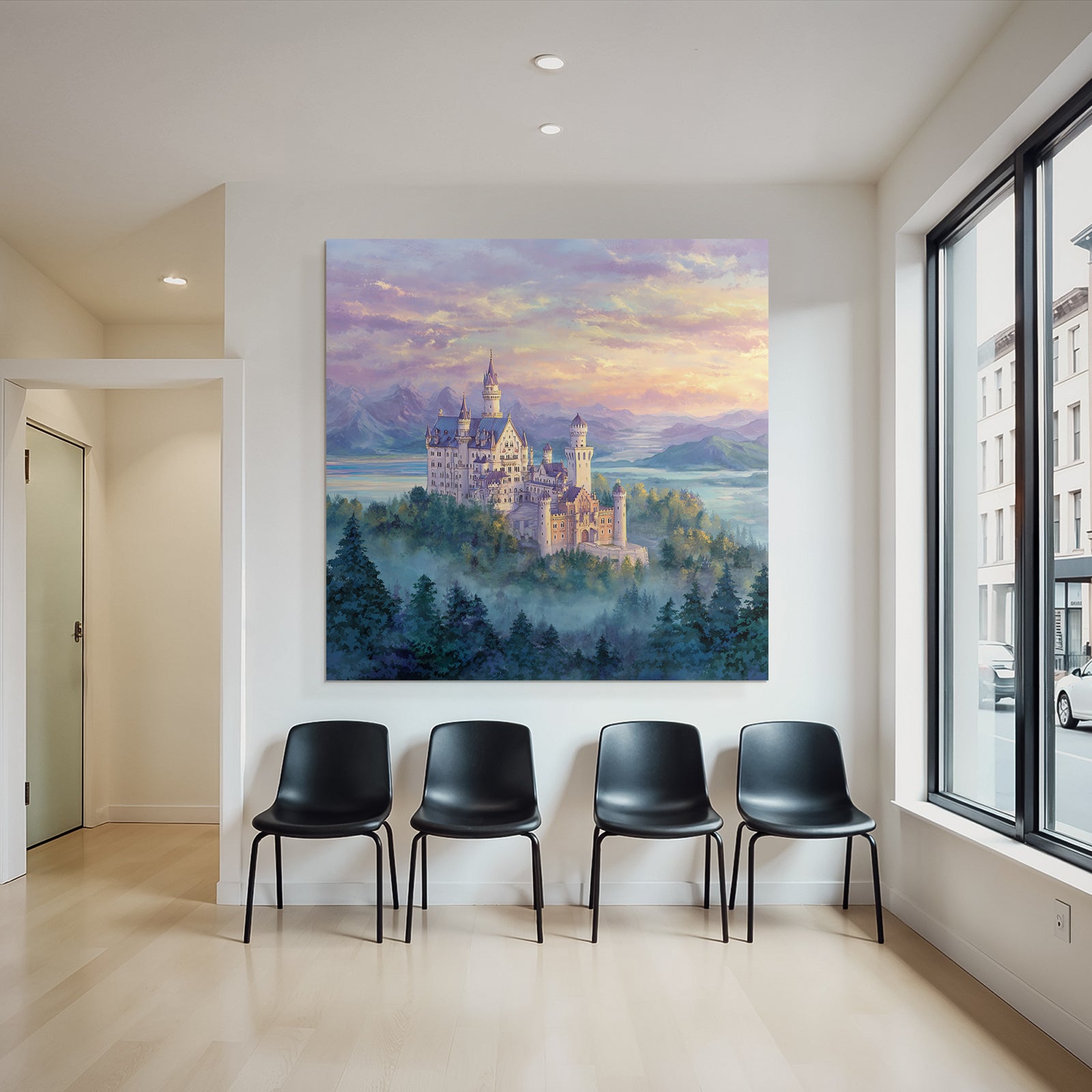 Fantasy castle with mountains and lake in the background