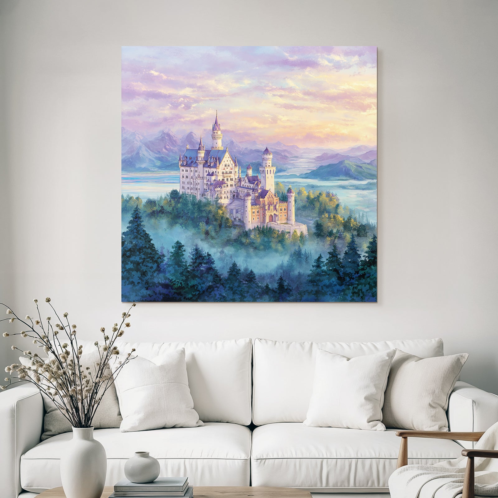 Fantasy castle with mountains and lake in the background