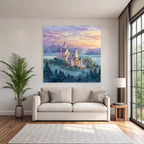 Fantasy castle with mountains and lake in the background