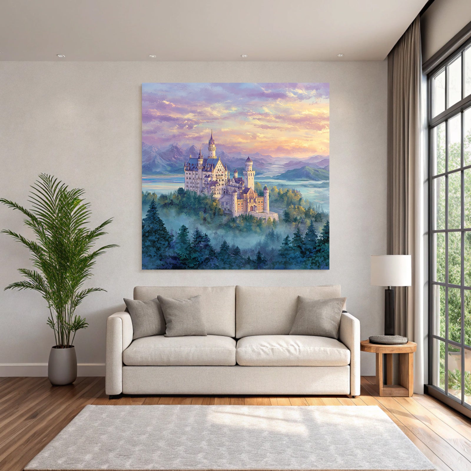 Fantasy castle with mountains and lake in the background