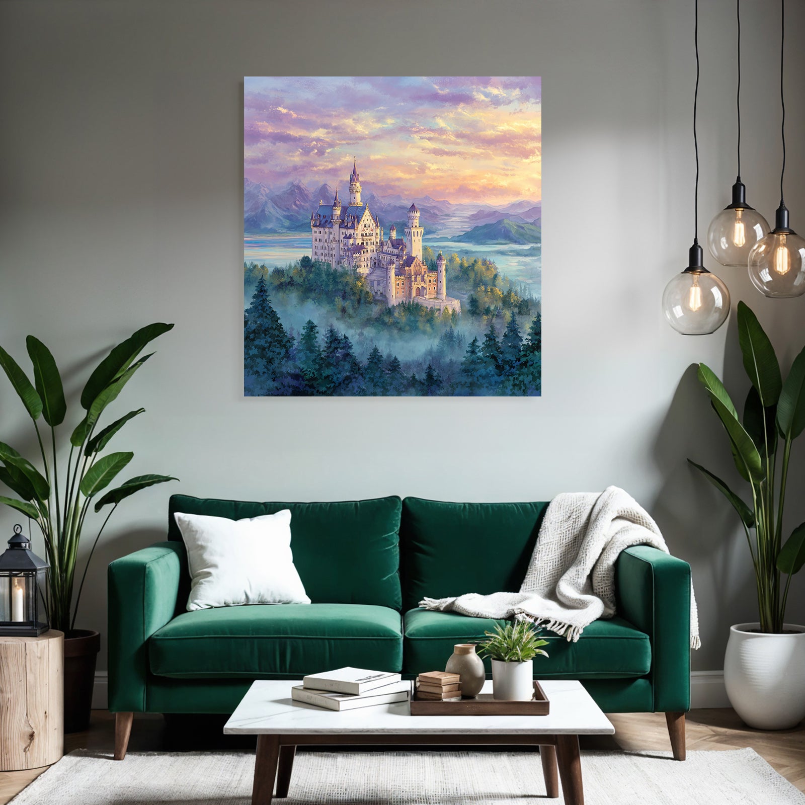 Fantasy castle with mountains and lake in the background