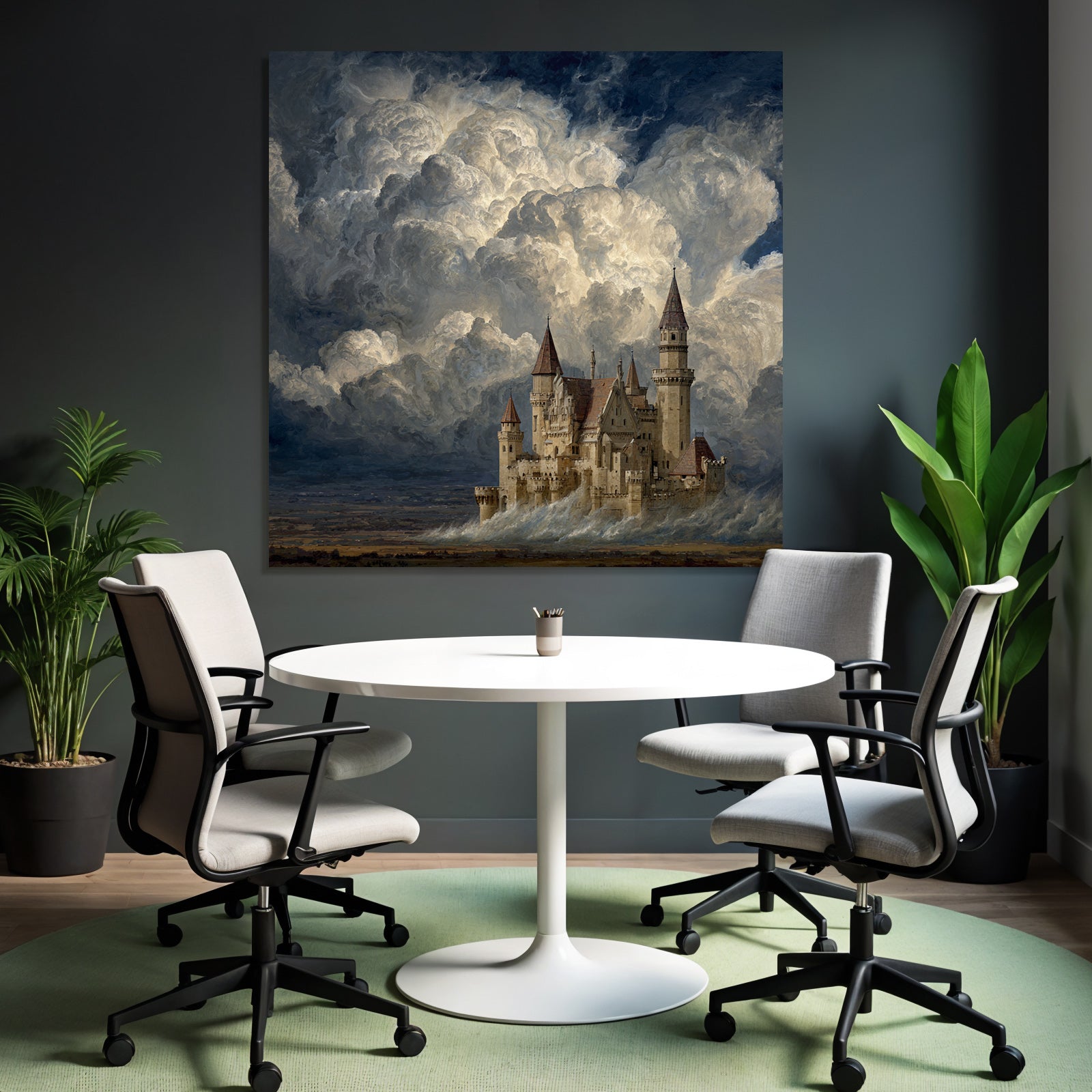 Imaginative Castle Against Dramatic Sky With Swirling Clouds