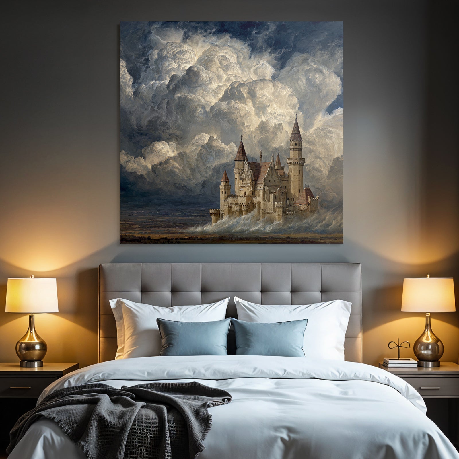 Imaginative Castle Against Dramatic Sky With Swirling Clouds