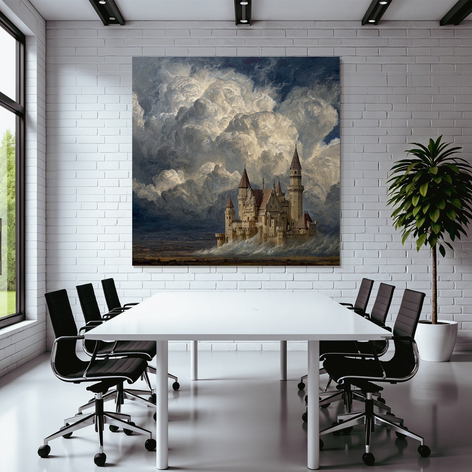 Imaginative Castle Against Dramatic Sky With Swirling Clouds
