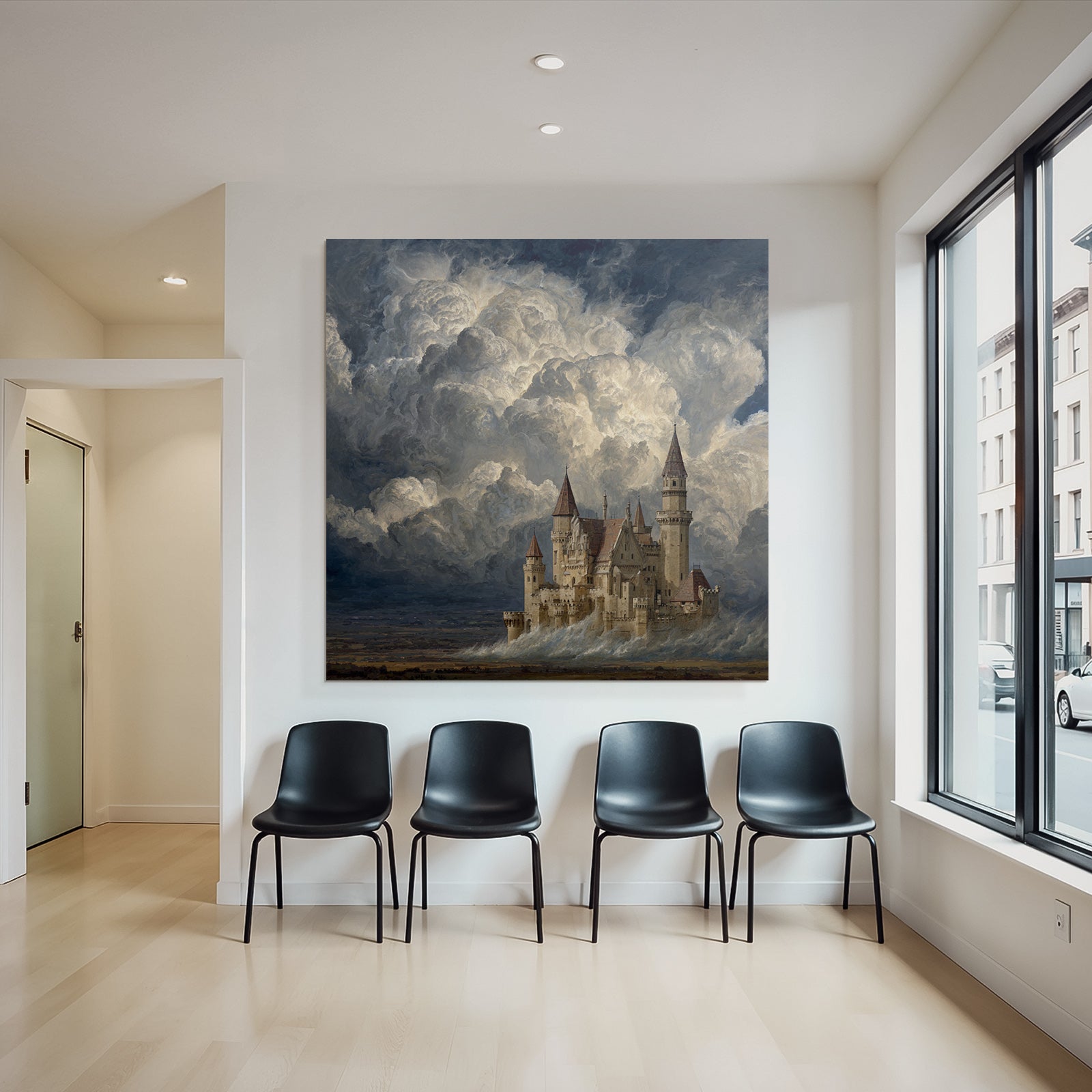 Imaginative Castle Against Dramatic Sky With Swirling Clouds