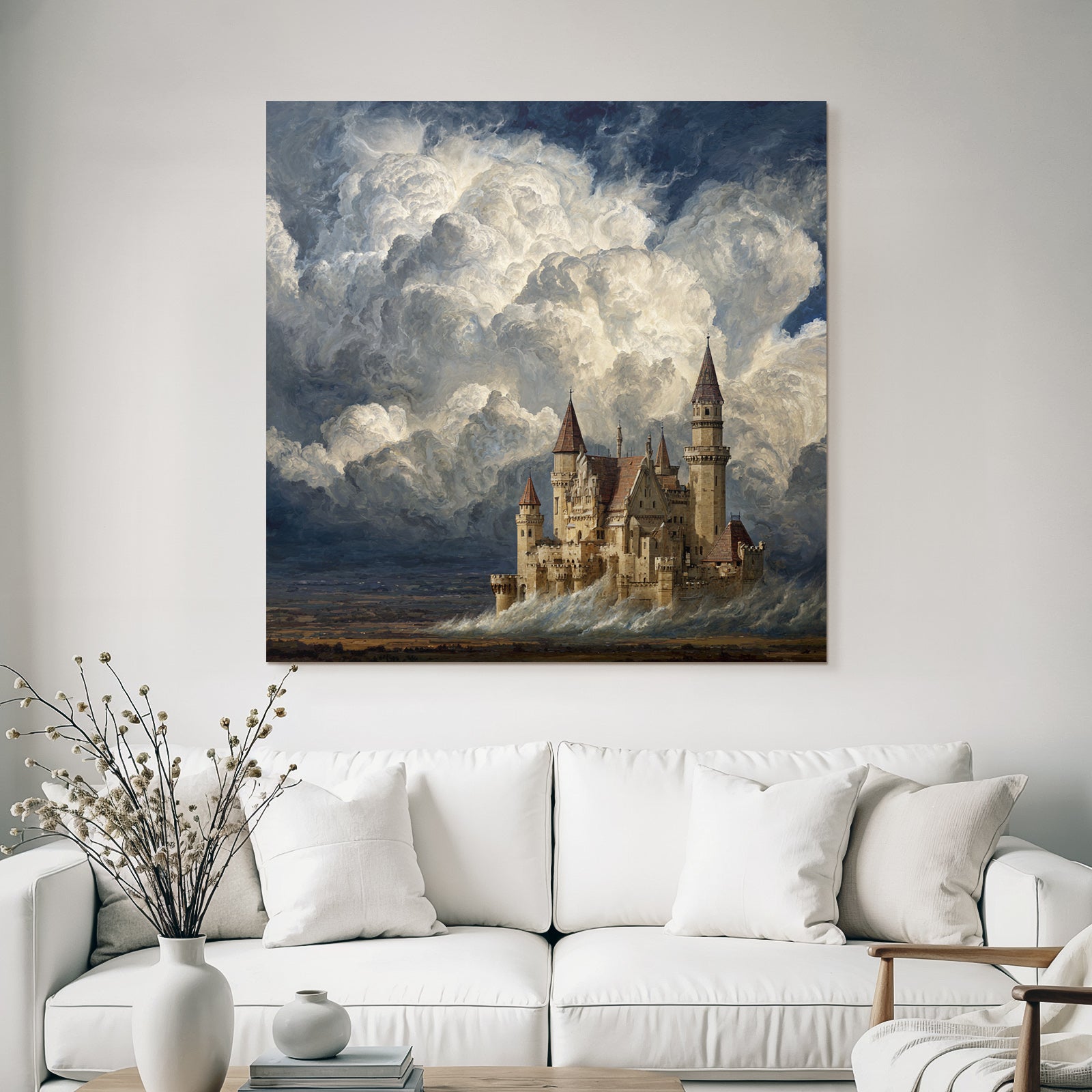 Imaginative Castle Against Dramatic Sky With Swirling Clouds