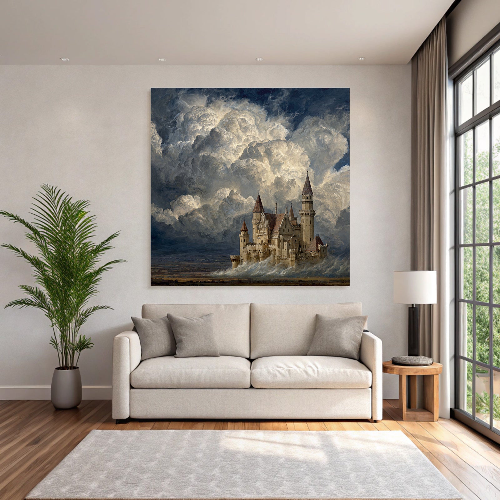 Imaginative Castle Against Dramatic Sky With Swirling Clouds