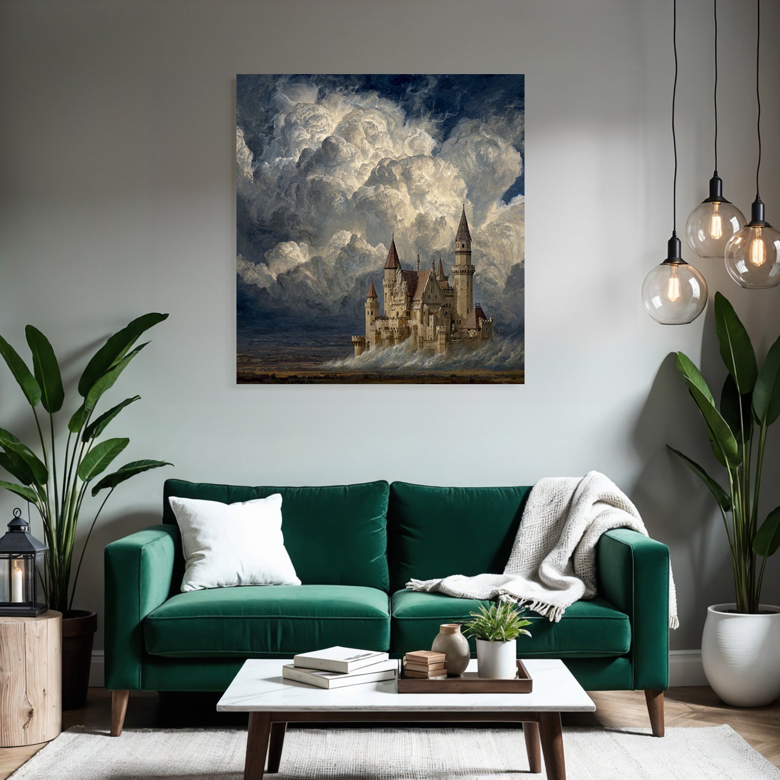 Imaginative Castle Against Dramatic Sky With Swirling Clouds
